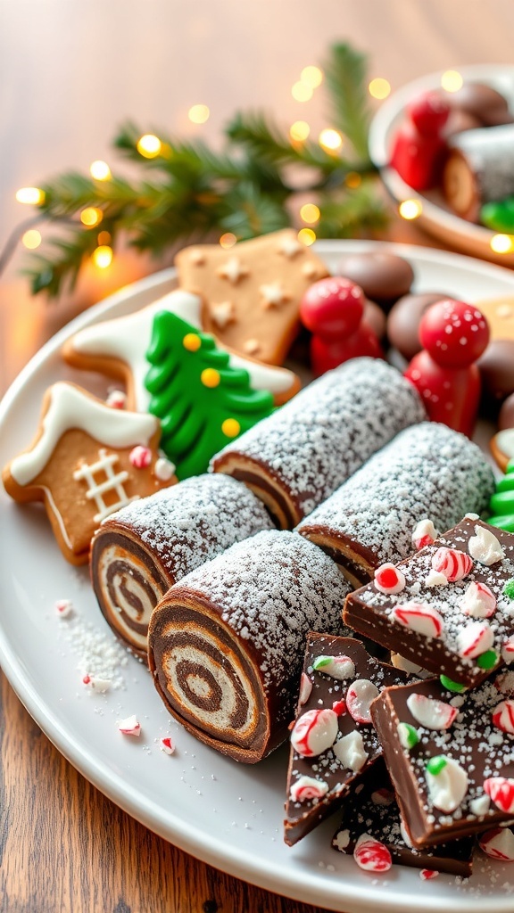 A festive display of Christmas desserts including gingerbread cookies, chocolate yule logs, and peppermint bark.